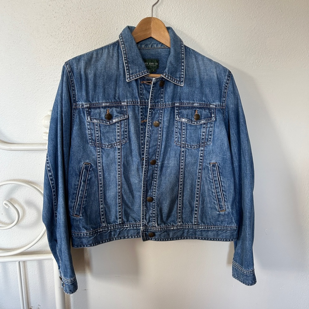 Ralph Lauren Blue Denim Jean Jacket 100% Cotton Women’s Large Size L Pockets!
